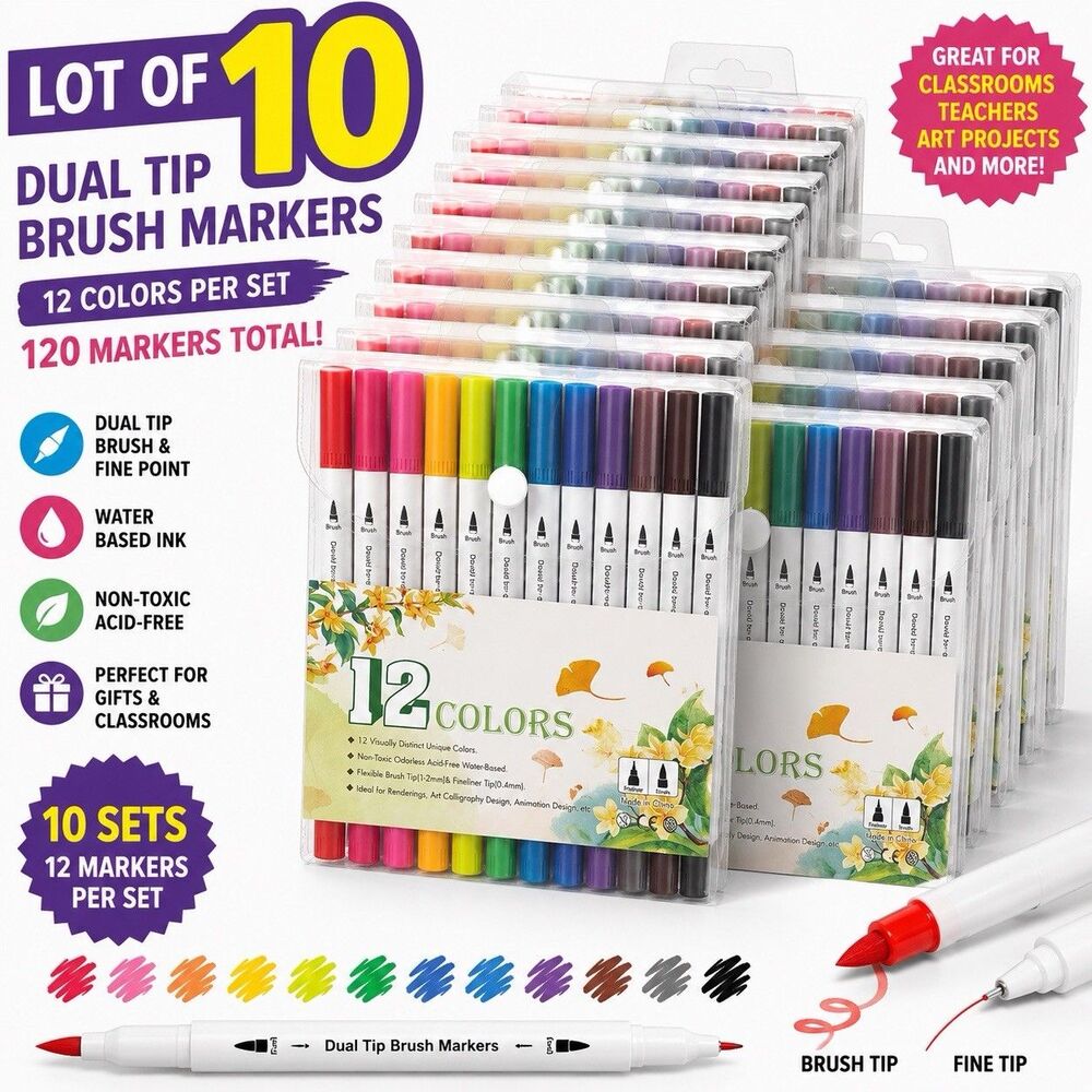 Bulk Lot 10 Sets 12 Color Dual Tip Brush Markers Fine Point Art Journal Pens